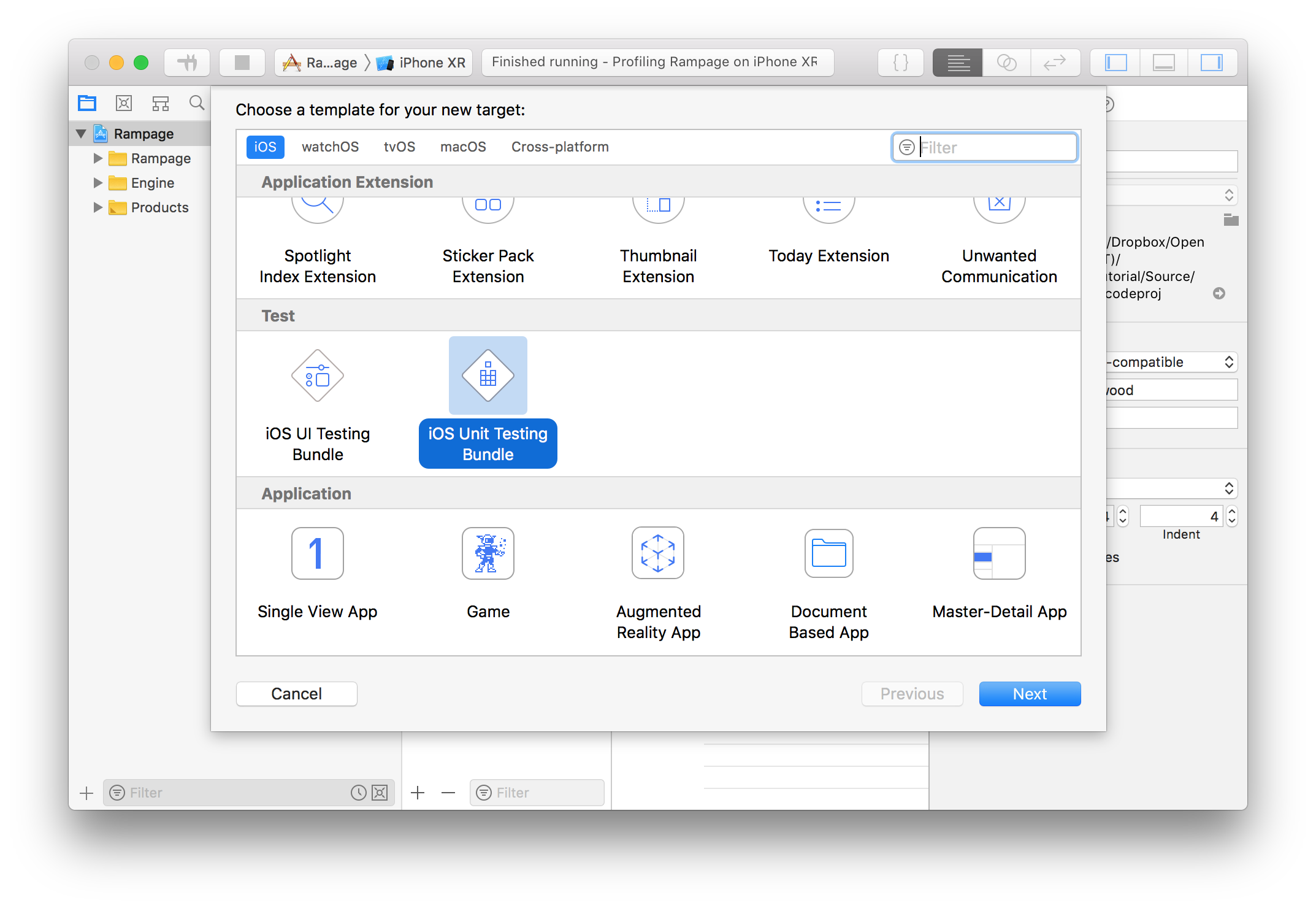 Adding a new iOS Unit Testing Bundle target