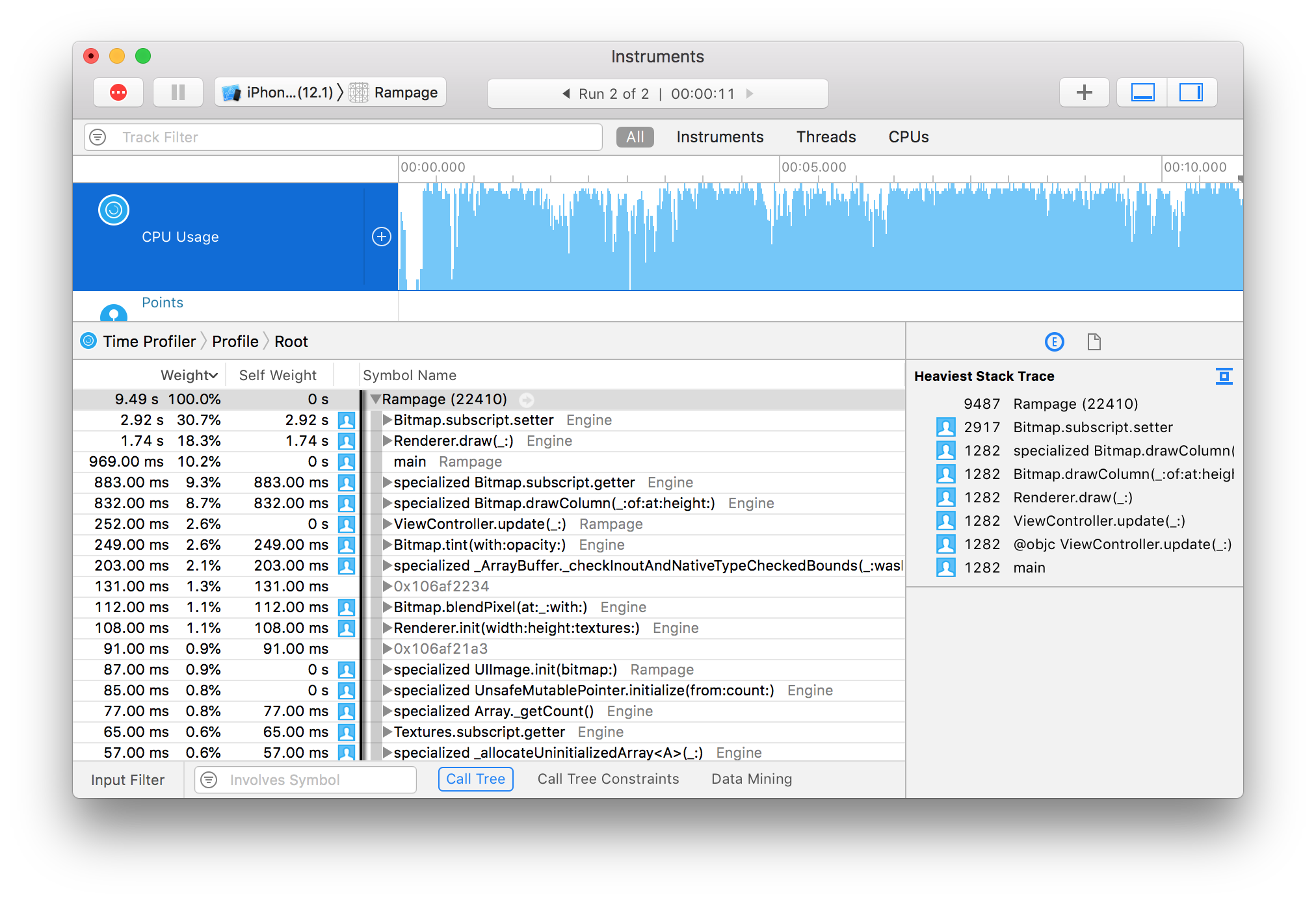 Time Profiler trace after disabling inlining of subscript setter