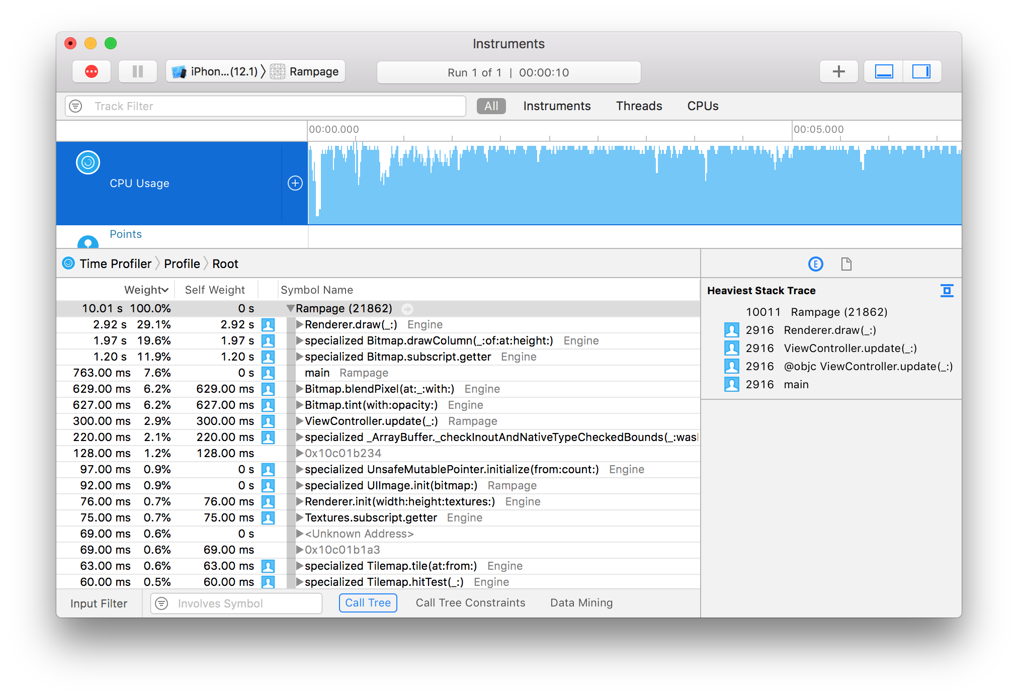 Time Profiler trace after optimizing blendPixels()