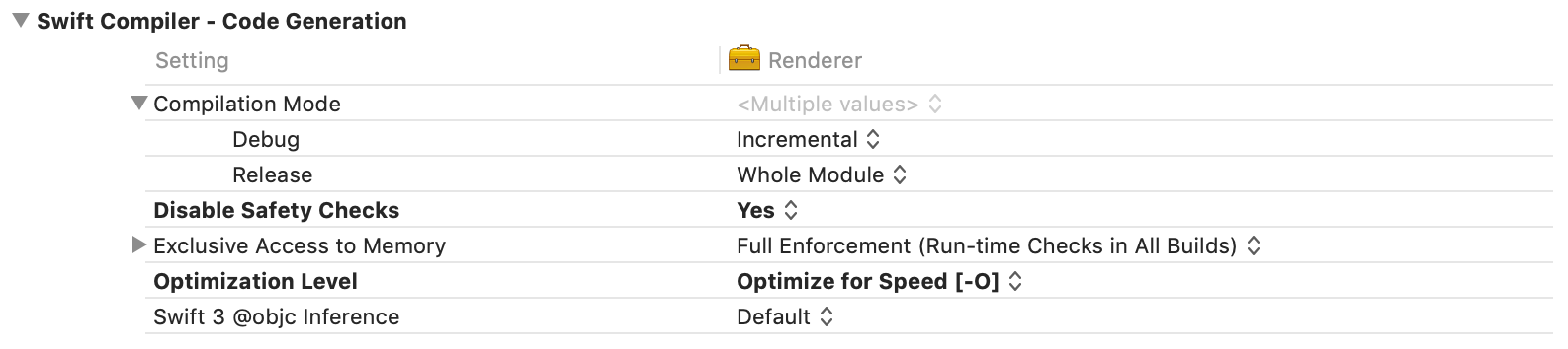 Code Generation Build Settings for Renderer module