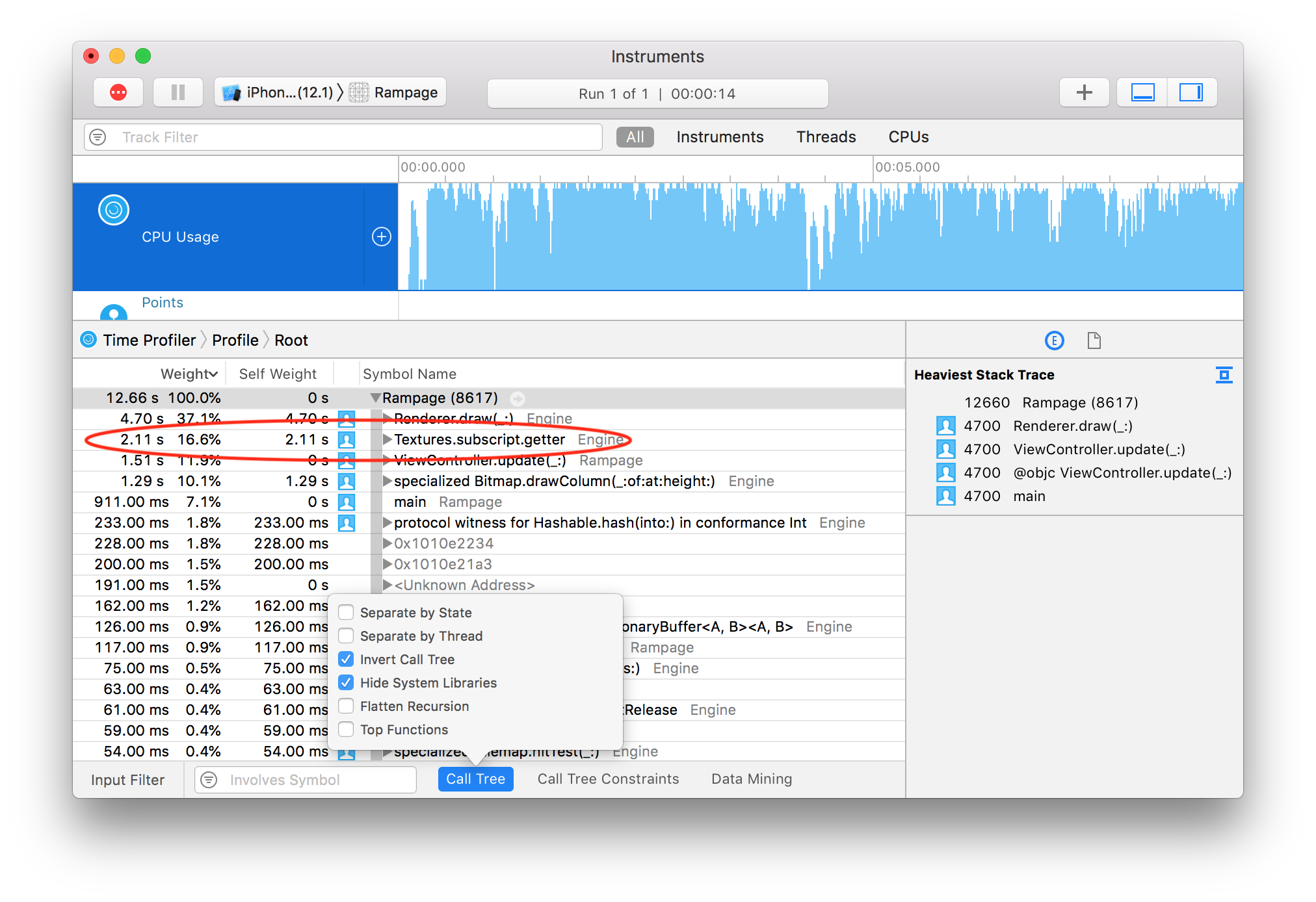 Time Profiler trace showing relative time spent in various calls