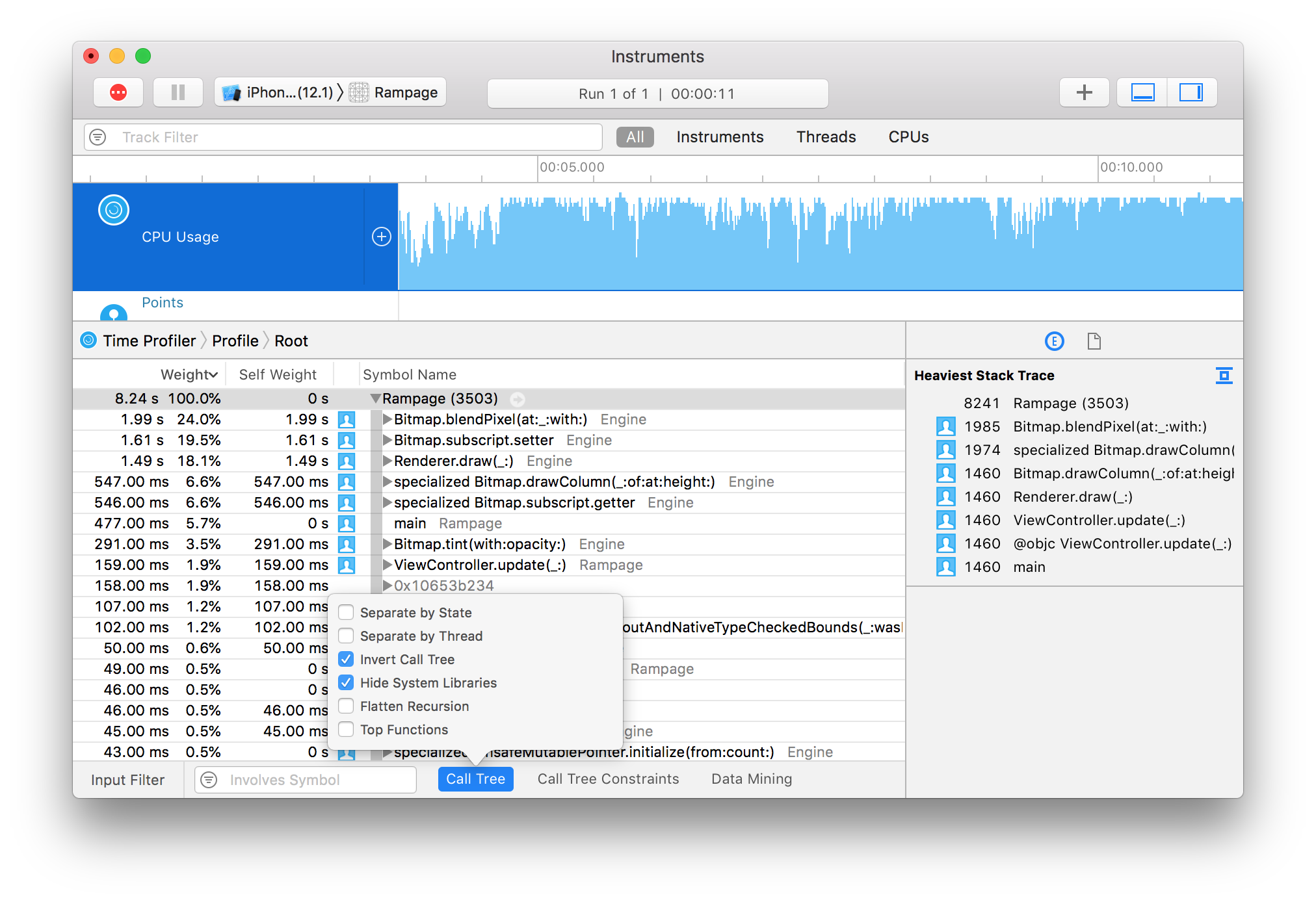 Time Profiler trace showing relative time spent in various calls